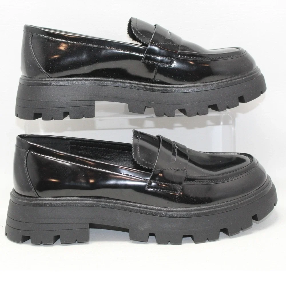 Cestfini Womens Black Patent Lug Sole Chunky Platform Penny Loafer Size 6.5 NWOB